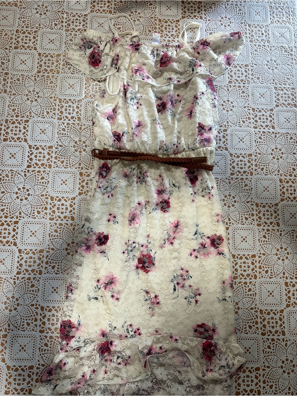 No Boundaries Juniors L 11-13 Floral Lace High Low Dress Belted